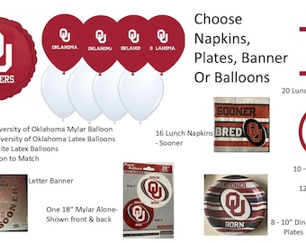 University of Oklahoma Balloons, Sooners balloons, University of Oklahoma Napkins, Oklahoma University Plates