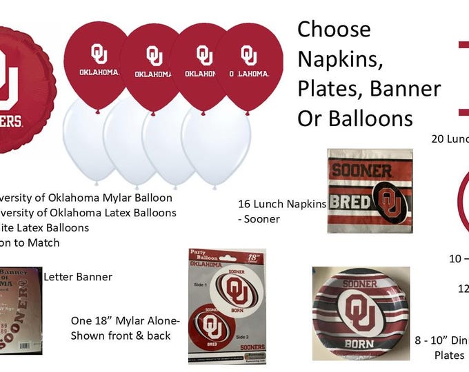 University of Oklahoma Balloons, Sooners balloons, University of Oklahoma Napkins, Oklahoma University Plates