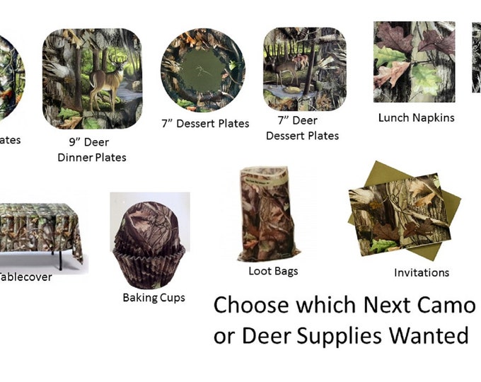 Next Camo Plates, Next Camo Napkins, Next Camo Tablecover, Next Camo Loot Bags, Next Camo Invitations, Deer Plates