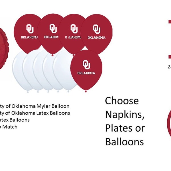 University of Oklahoma Balloons, Sooners balloons, University of Oklahoma Napkins, Oklahoma University Plates