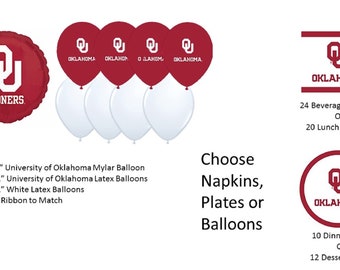 University of Oklahoma Balloons, Sooners balloons, University of Oklahoma Napkins, Oklahoma University Plates