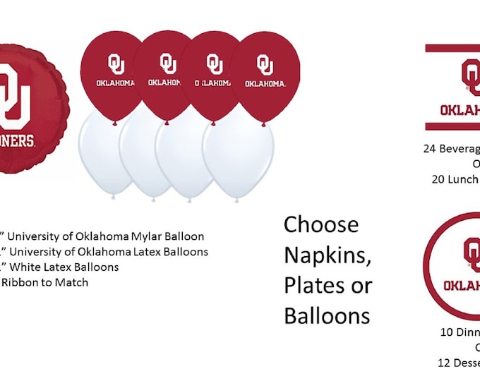 University of Oklahoma Balloons, Sooners balloons, University of Oklahoma Napkins, Oklahoma University Plates