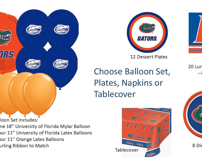 University of Florida Balloons, University of Florida Gators Balloons, University of Florida Napkins, Gators Balloons, Florida Plates
