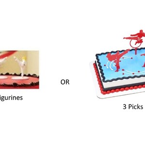 May include: Two white karate figurines or three red karate picks for a cake topper. The picks are on a blue background with white swirls.