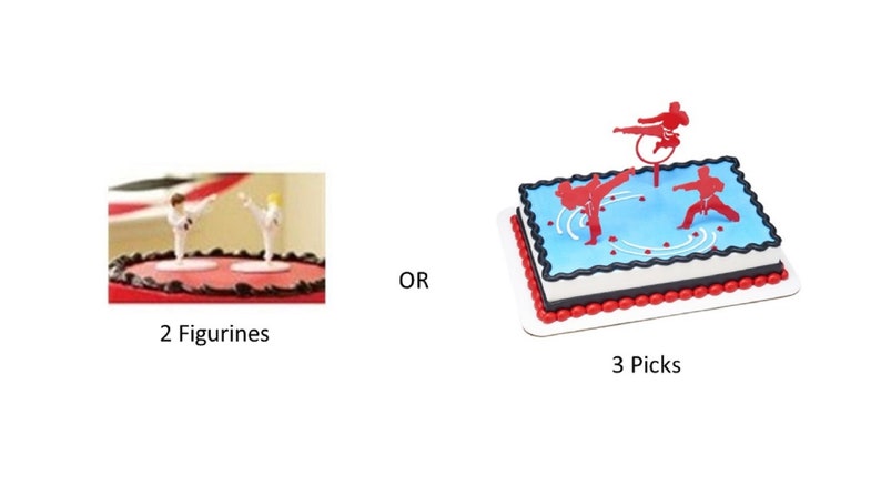 May include: Two white karate figurines or three red karate picks for a cake topper. The picks are on a blue background with white swirls.
