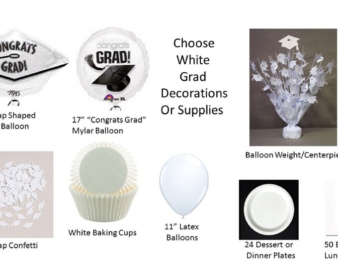 White Graduation Decorations, White Grad Mylar Balloons, White Graduation Decor, White plates, White napkins