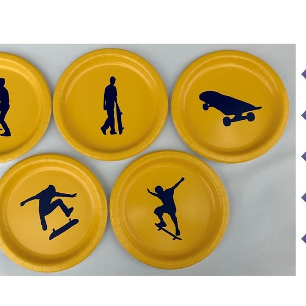 Skateboard Dinner Plates, Skateboard Dessert Plates - with Solid Color Napkins - Set for 5 People - Boys or Girls