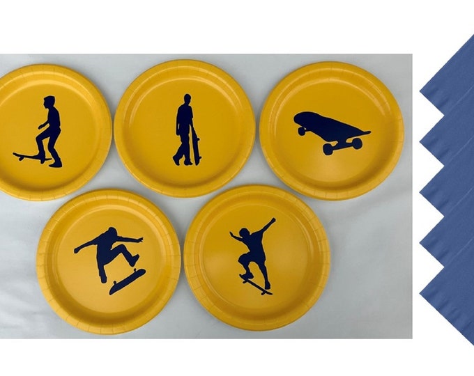 Skateboard Dinner Plates, Skateboard Dessert Plates - with Solid Color Napkins - Set for 5 People - Boys or Girls