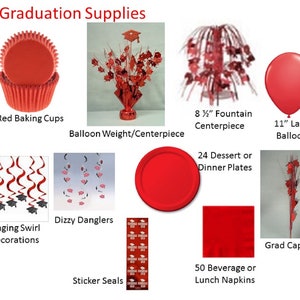 Red Graduation Decorations, Red Grad Mylar Balloons, Red Graduation Decor, Red Plates, Red Napkins, Red Stickers image 1