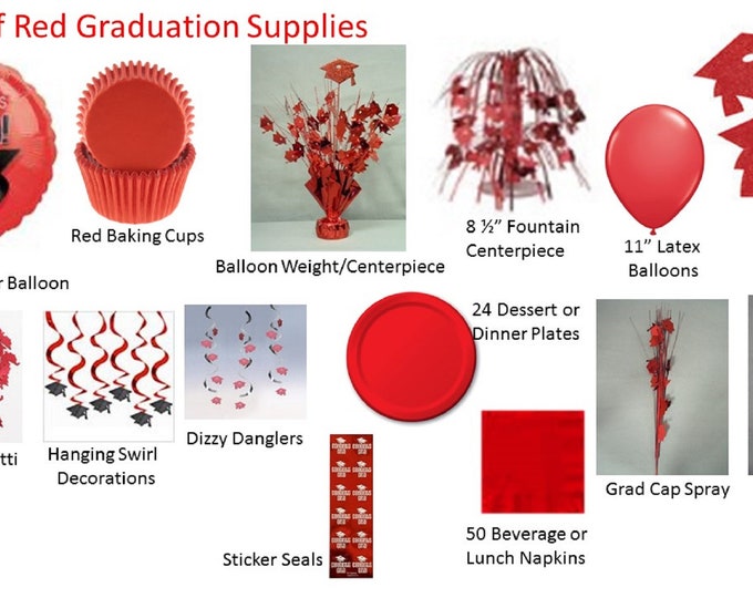 Red Graduation Decorations, Red Grad Mylar Balloons, Red Graduation Decor, Red Plates, Red Napkins, Red Stickers