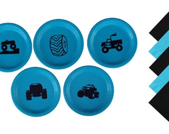 Monster Truck Dinner Plates with Solid Color Lunch Napkins Set for 5 people, Monster Truck Birthday Party, Monster Truck 9" Plates