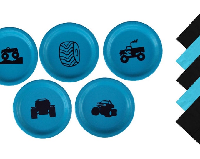 Monster Truck Dinner Plates, Monster Truck Dessert Plates - with Solid Color Napkins - Set for 5 people, Monster Truck Birthday