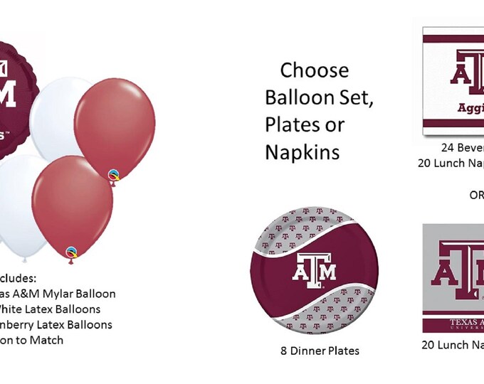 Texas A & M University Balloons, Aggies Balloons, Texas A M Napkins, Texas A M plates, Texas A M tablecover