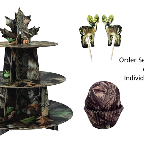 Tree Bark Cupcake Stand and 24 Tree Bark Baking Cups with Deer Picks, Next Camo Cupcake Stand, Deer Picks