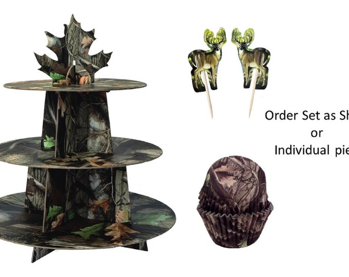 Tree Bark Cupcake Stand and 24 Tree Bark Baking Cups with Deer Picks, Next Camo Cupcake Stand, Deer Picks