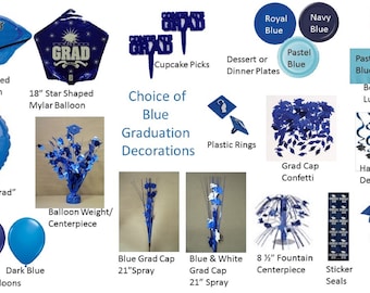 Blue Graduation Decorations, Blue Grad Mylar Balloons, Sapphire Blue Graduation Decor, Blue Plates, Blue Napkins