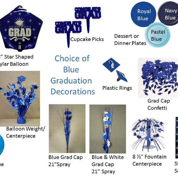 Blue Graduation Decorations, Blue Grad Mylar Balloons, Sapphire Blue Graduation Decor, Blue Plates, Blue Napkins