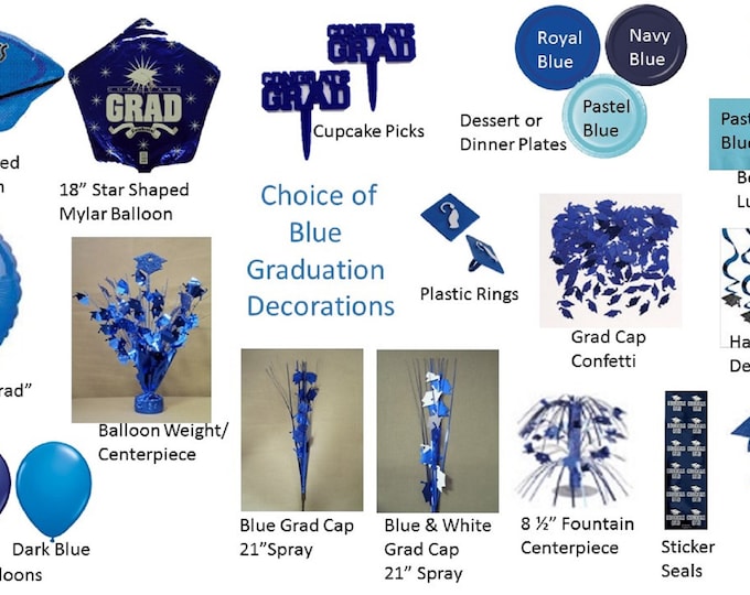 Blue Graduation Decorations, Blue Grad Mylar Balloons, Sapphire Blue Graduation Decor, Blue Plates, Blue Napkins