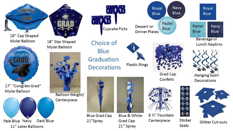 Blue Graduation Decorations, Blue Grad Mylar Balloons, Sapphire Blue Graduation Decor, Blue Plates, Blue Napkins image 1