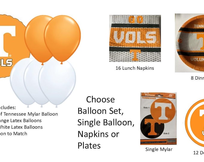 University of Tennessee Balloons, University of Tennessee Volunteers Balloons, Tennessee Plates, Tennessee Napkins
