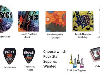 Rock Star Plates, Rock Star Napkins, Rock Star invitations, Music Note Balloons, Rock Star Guitar Cake Layon with Music Note Picks