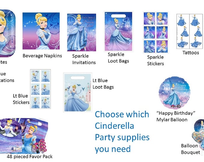 Cinderella Plates, Cinderella Balloons, Cinderella Favor Pack, Cinderella Napkins, Cinderella Invitations, Cinderella Loot Bags