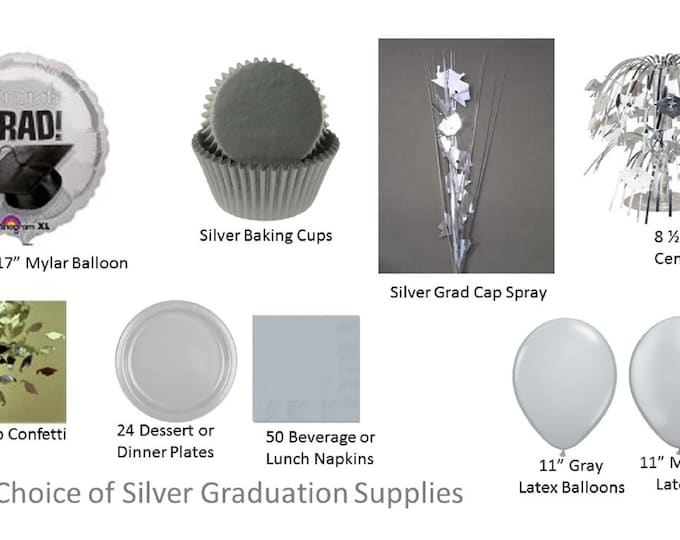 Silver Graduation Decorations, Silver Grad Mylar Balloons, Silver Graduation Decor, Silver Plates, Silver Napkins