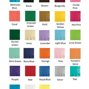May include: A color chart featuring 28 different colored squares, each labeled with a color name. Colors include Bermuda Blue, Black, Brown, Burgundy, Candy Pink, Coral, Emerald Green, Gold, Golden Yellow, and Hot Pink.