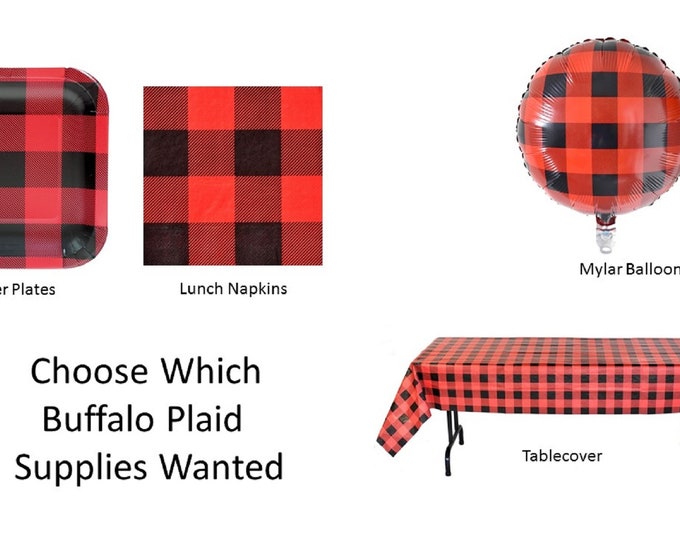 Buffalo Plaid Dinner Plates, Buffalo Plaid Dessert Plates, Buffalo Plaid Mylar Balloon, Buffalo Plaid Tablecover