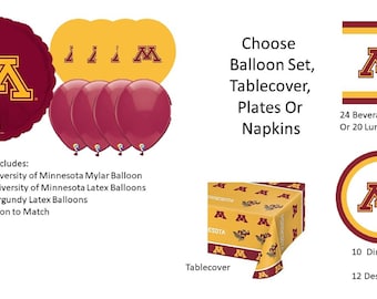University of Minnesota Balloons, Minnesota University balloons, Minnesota napkins, Minnesota tablecover, Minnesota plates
