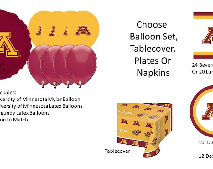University of Minnesota Balloons, Minnesota University balloons, Minnesota napkins, Minnesota tablecover, Minnesota plates