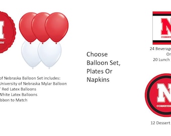 University of Nebraska Balloons, Cornhuskers Balloons, University of Nebraska Napkins, Nebraska Plates