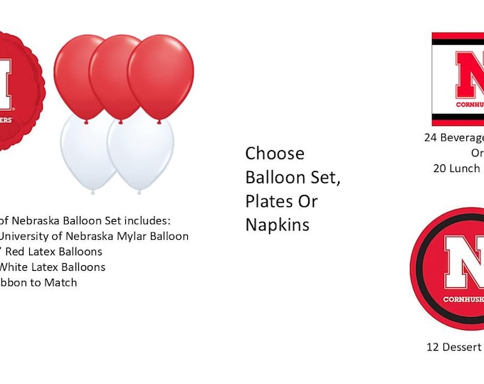 University of Nebraska Balloons, Cornhuskers Balloons, University of Nebraska Napkins, Nebraska Plates
