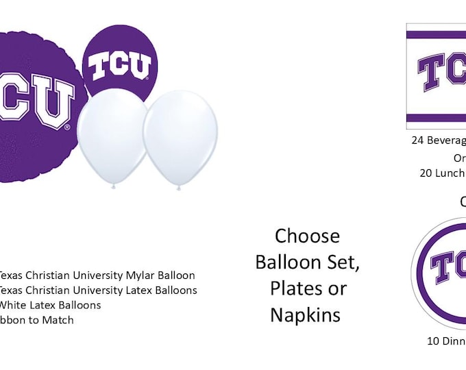 Texas Christian University Balloons, Texas Christian University Horned Frogs Balloons, Texas Christian University Napkins, TCU Plates