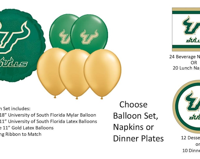 University of South Florida Balloons, University of South Florida Bulls Balloons, University of South Florida Napkins, South Florida plates