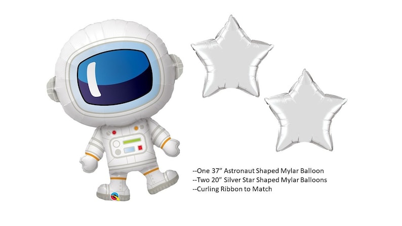 May include: A set of three foil balloons featuring a 37-inch astronaut shaped balloon and two 20-inch silver star shaped balloons.  The balloons are ready to be inflated with helium or air.  The listing also includes curling ribbon to match.