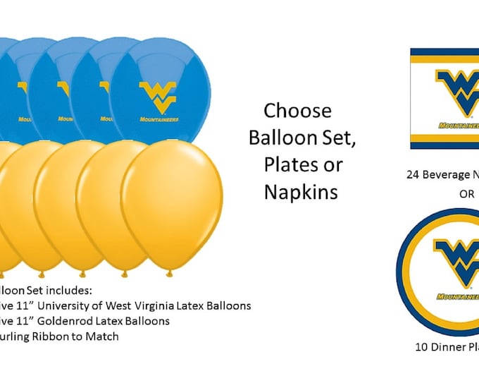 University of West Virginia Balloons, University of West Virginia Plates, West Virginia Napkins