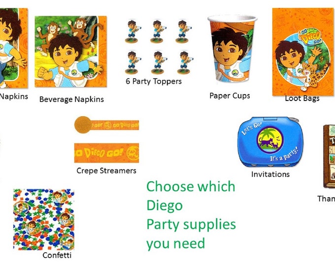 Diego Party Plates Napkins Tablecover Cups Loot Bags Banner Invitations Thank You Notes Cone Hats Candle Blowouts Confetti Stickers