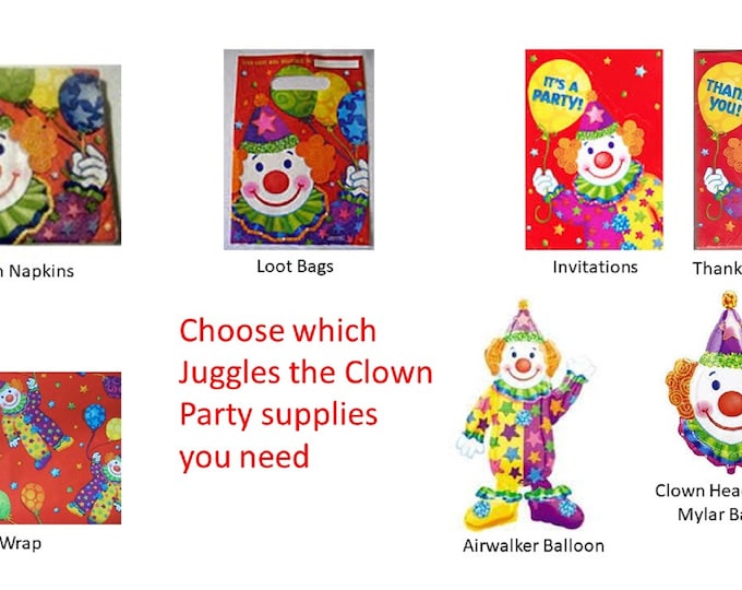 Juggles the Clown Napkins, Juggle Loot bags, Juggles balloons, Juggles Invitations, Juggle Thank You Notes