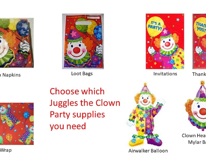 Juggles the Clown Napkins, Juggle Loot bags, Juggles balloons, Juggles Invitations, Juggle Thank You Notes