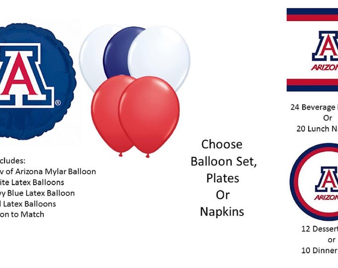 University Of Arizona Balloons, Arizona University Balloons, Arizona Napkins, University of Arizona Plates