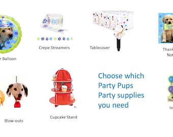 Party Pups balloons, Party Pups Plates, Dog party, Dog Cupcake Stand