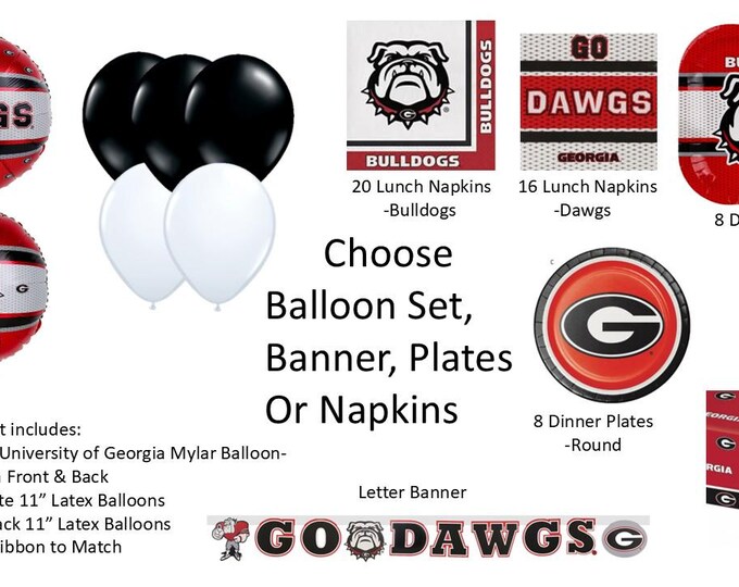 University of Georgia Balloons, Napkins, Banner, Dinner Plates, Tablecover