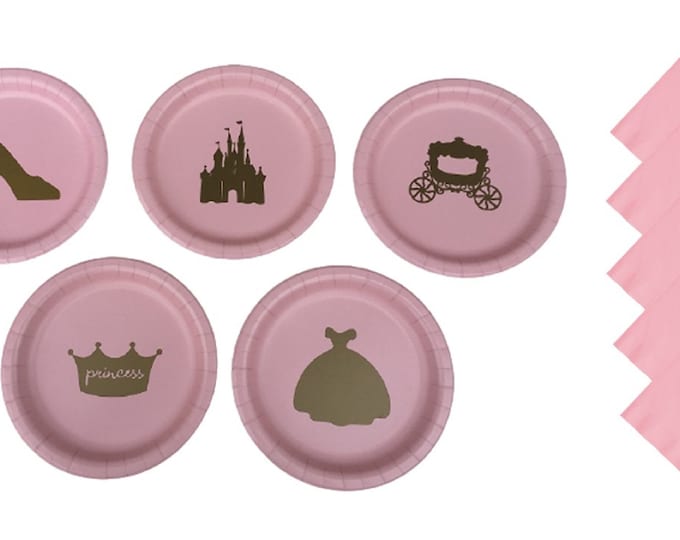 Princess Dinner Plates with Solid Color Lunch Napkins set for 5 people, Princess 9" plates