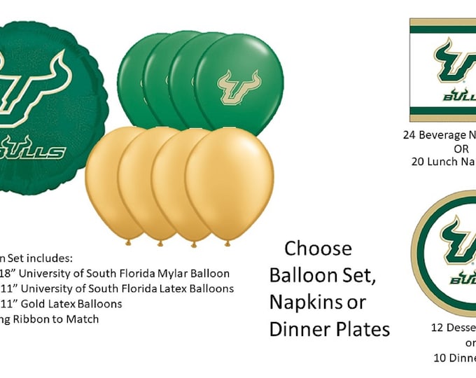 University of South Florida Balloons, University of South Florida Bulls Balloons, University of South Florida Napkins, South Florida plates