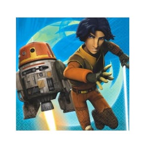 以下が含まれることがあります： スター・ウォーズ・反乱者たちの2人のキャラクターのイラスト。黒髪でオレンジと茶色の衣装を着た若い男性がライトセーバーを持って走っています。彼の隣には、オレンジ色のドームと灰色の体を持つドロイドがいます。