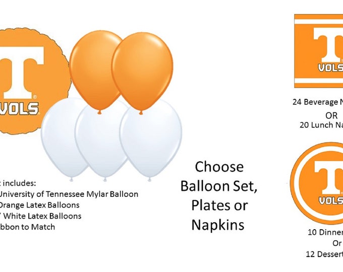 University of Tennessee Balloons, University of Tennessee Volunteers Balloons, University of Tennessee Napkins, Tennessee Plates