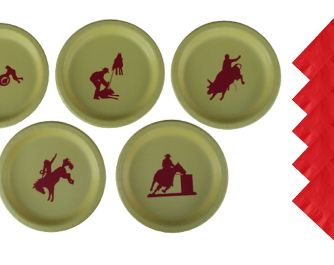 Rodeo Dinner Plates with Solid Color Lunch Napkins Set for 5 People, Rodeo 9" Plates