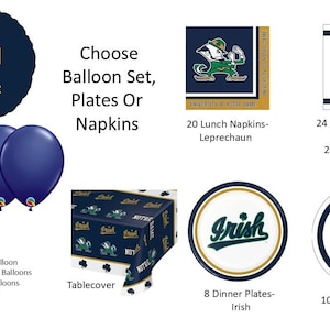 Notre Dame University Balloons, Notre Dame napkins, Notre Dame Plates, Notre Dame Tablecover