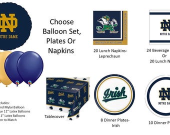 Notre Dame University Balloons, Notre Dame napkins, Notre Dame Plates, Notre Dame Tablecover